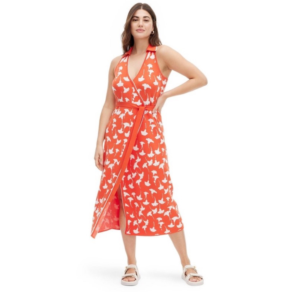 Women’s Collared Sleeveless Ginkgo Sweaterknit Midi Wrap Dress - DVF for…